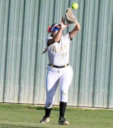 Sudan’s Trinity Love catches a fly ball in center field to retire the side in the bottom of the third inning of the Nettes, 10-5, loss to Colorado City on Thursday at Lubbock High in the Bi-district round of the play-offs. (Staff Photo by Derek Lopez)