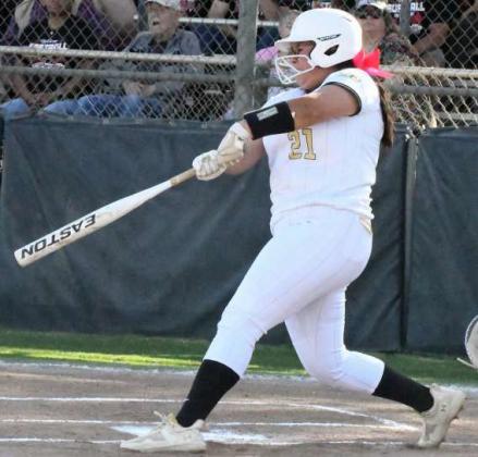 Sudan’s Daniella Ramirez blasts a two-run homerun to left-center field in the top of the first inning of the Nettes, 10-5, loss to Colorado City on Thursday at Lubbock High in the Bi-district round of the play-offs. (Staff Photo by Derek Lopez)