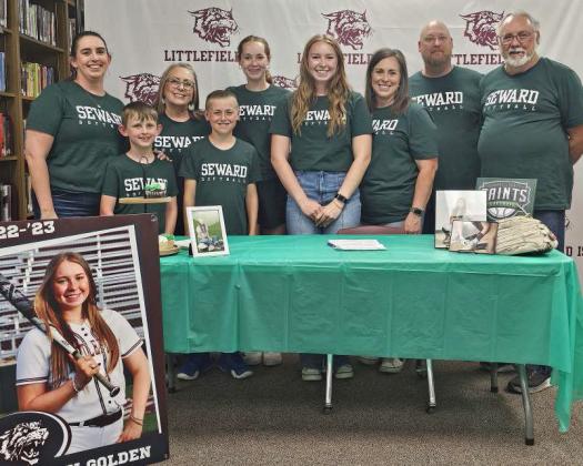 Littlefield senior Lady Cat softball player, Taryn Golden signed her Letter of Intent on Wednesday to continue her softball and academic career at Seward County Community College in Kansas, during a small ceremony in the High School Library. (Staff Photo by Derek Lopez)