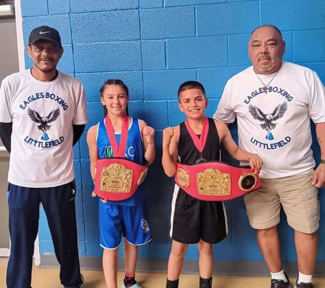 On May 4th, Littlefield Eagles Boxing Club competed in Clovis, N.M. in the Cinco De Mayo Boxing Tournament. The Eagles once again came out victorious with four medals and two championship belts. Jayce Camacho, 10-years old and Keyshawn Aguilera came home with a medal and both, Isabella Jaramillo and Aaron Prieto (Pictured) came home with two medals and two championship belts. (Photo Courtesy of Littlefield Eagles Boxing Club)