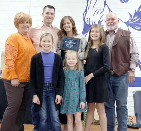 FAMILY OF THE YEAR -- Shelli Rose, left, and Steven Rose, far right, presented the Family of the Year Award to Tracy, Meghan, Dawsyn, Dailee, and Dylan DeBerry during the Olton Annual Chamber of Commerce Banquet that was held on Saturday, March 2, 2024. (Photo byAnn Reagan)