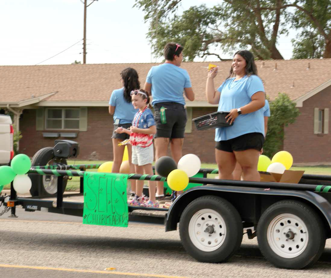 The Springlake-Earth varsity cheerleaders float got 1st place in the float category, during the annal 4th of July fundraiser for the SPringlake-Earth Fire Dept on Thursday, July 4th. (Photo by Ann Reagan)