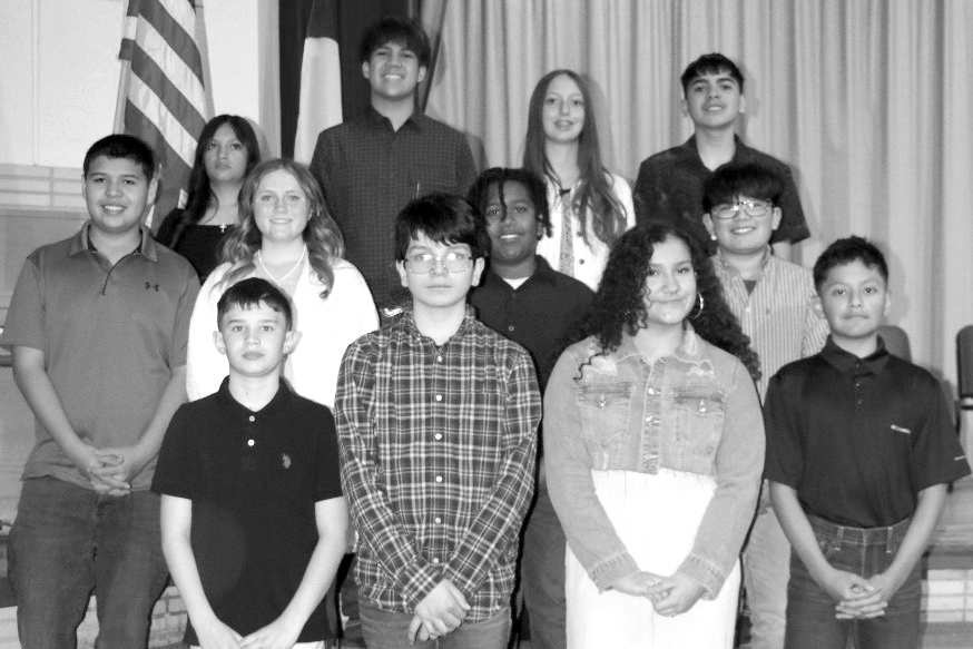 Twelve new members were inducted into the Littlefield Junior Honor Society at Littlefield Junior High School. Shown on the front row, from left to right are, Waverly Aduddell, Casey Brown, Leah Camacho, and Felipe Esquibel. On the second row are, Camden Melendez, Harlow Patridge, Levi Weaver and Daniel Chairez. On the top row are, Ma’Kayla Chavez, Dominic Garcia, Leighton Thomas and C.J. Trevino. (Photo credit Pam Bownds)