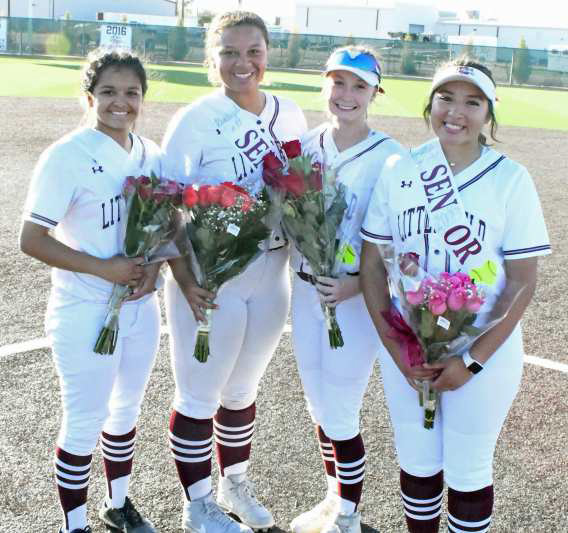 SENIOR NIGHT - The four Littlefield Lady Cat softball players were honors on Tuesday after their, 12-2 victory over the Denver City Fillies at Lady Cat Field. (Shown L-R): Cadence Sanchez, Kaeleigh Logan, Mykenzie Price and Alex Hernandez. (Staff Photo by Derek Lopez)