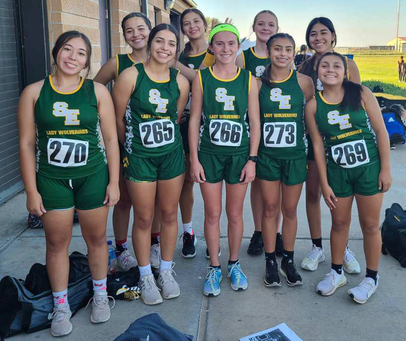 STARTING STRONG – The Springlake-Earth Lady Wolverines’ varsity cross country team competed at the West Texas A&amp;M University Twilight Meet on Thursday, where they finished sixth overall with a team time of 1:15:51.57. (Shown): Emma Samaron, Jasmine Garcia, Aryca Ibarra, Marisela Rodriguez, Rylie Furr, Jenna Bridges, Jessica Mendoza and Aabriela Villanueva. (Submitted Photo)