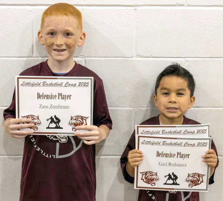 Zane Zambrano and Gael Rodriguez received ‘Defensive Player’ awards at the Littlefield Basketball Camp on June 19, 2025. (Photo by Madison Vidales)