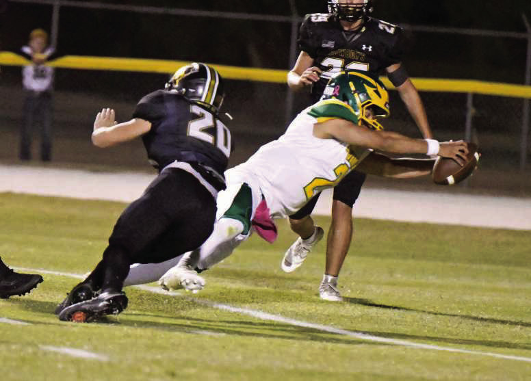 Springlake-Earth’s Froylan Agundiz keeps the ball on fourth and goal, diving across the goal line for the two-yard score, with 7:22 to play in the fourth quarter, as the Wolverines took down Happy, 58-22, at Cowboy Corral. (Staff Photo by Derek Lopez)