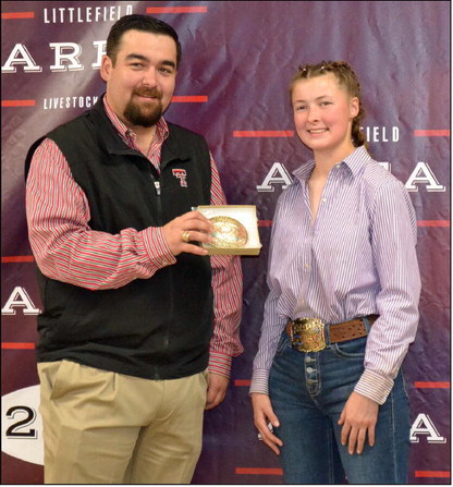 Kauy Carr of Sudan 4-H won the Senior Showmanship Goat Award at the Littlefield Area Junior Livestock Show on Jan. 10, 2025 at the Lamb County Ag Center. Shown with Judge Cam Anderson. (Staff Photo by Rhode Duenas)