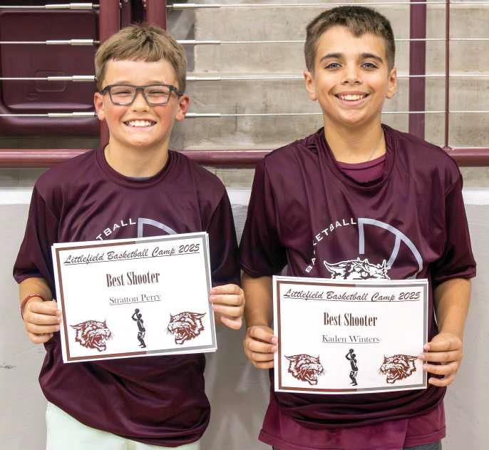 Stratton Perry and Kaden Winters received ‘Best Shooter’ awards at the Littlefield Basketball Camp on June 19, 2025. (Photo by Madison Vidales)
