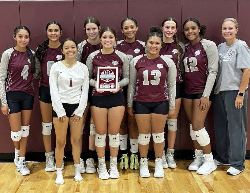 The Littlefield Lady Cats’ JV1 volleyball team finished the weekend as the Runner-ups at the Littlefield Tournament last Saturday. (Top L-R)): Anaei Ojeda, Sophia Mata, Brooklynne Story, Zalise Davis, Piper Car, Nia Cleveland and Coach Suzanne Perry. (Bottom L-R): Faith Balderas, Addy Rodriguez and Amaya McCanick. (Submitted Photo)
