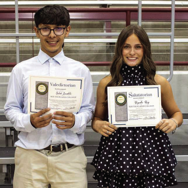 Caleb Caudillo and Bryndle Ray receive the valedictorian and salutatorian scholarships from South Plains College at the Littlefield High School scholarship ceremony on May 19, 2026. (Photo by Madison Vidales)