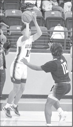 Littlefield senior, Nate Castaneda, fires up a three from the right wing, during the first half of the Wildcats’ district victory over Muleshoe Tuesday night at Wildcat Gym. (Staff Photo by Derek Lopez)