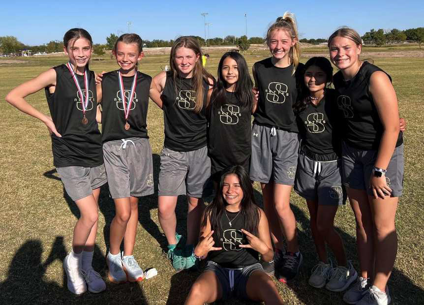 DISTRICT RUNNER-UPS – The Sudan Nettes’ junior high cross country team finished in second place at the district 4-2A Cross Country Meet at Lubbock Christian University on Monday. (Shown): Addison Cornelius, Anneke Van De Pool, Raquel Armendariz, Alissa Montes, Krissy Harris, Sophia Bellar, Danalei Kelley and Masyn Provence. (Submitted Photo)