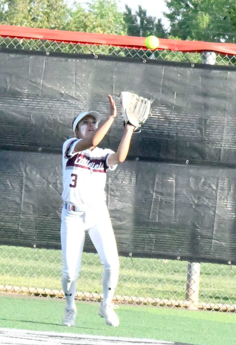 Littlefield senior, Cali Saldana, catches a fly ball for an out in the top of the third inning of the Lady Cats’ 10-1, loss to the Bushland Lady Falcons in Plainview on Thursday in their Class 3A-DI Bi-district play-off game. (Staff Photo by Derek Lopez)