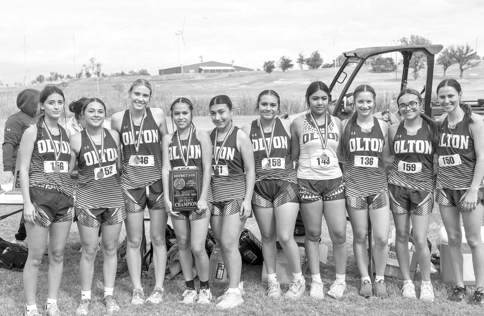 The Olton Fillies’ JV Cross Country Team captured District 3-2A Championship on Tuesday at Mae Simmons Park in Lubbock ( Shown): Amethyst Huerta, Kaileigh Geldenhuys, Alicia Florentino, Abril Vasquez, Magaly Rios, Xailei Huerta, Madyson Pineda, Melany Alvarado, Kali Soliz and Jeri Holcomb. (Photo Courtesy of Dusty Gorman)