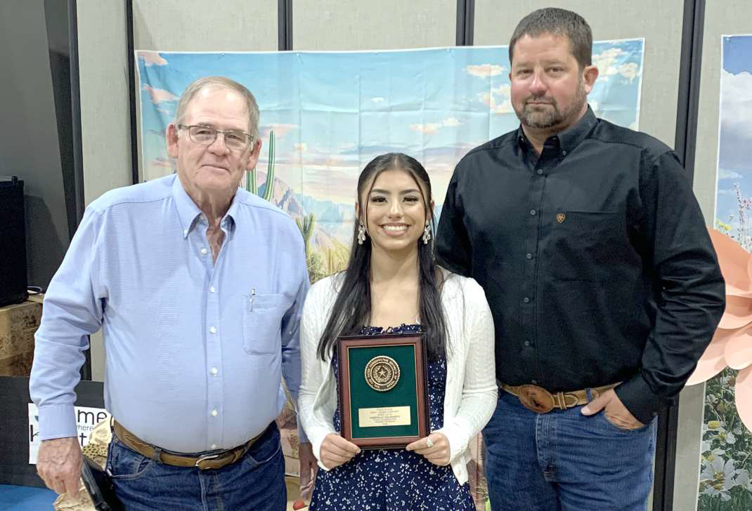 AABRIELLA VILLANUEVA -- Senior Division Area 1 Essay contest winner, placed 3rd. Her essay theme was “Home Is where the Habitat is”. She attends Springlake-Earth High School. Shown left to right: Roy Thompson- Lamb Co. SWCD Board member, Aabriella Villanueva, and Jason Spangler- Lamb Co. SWCD Board chairman. (Submitted Photo)