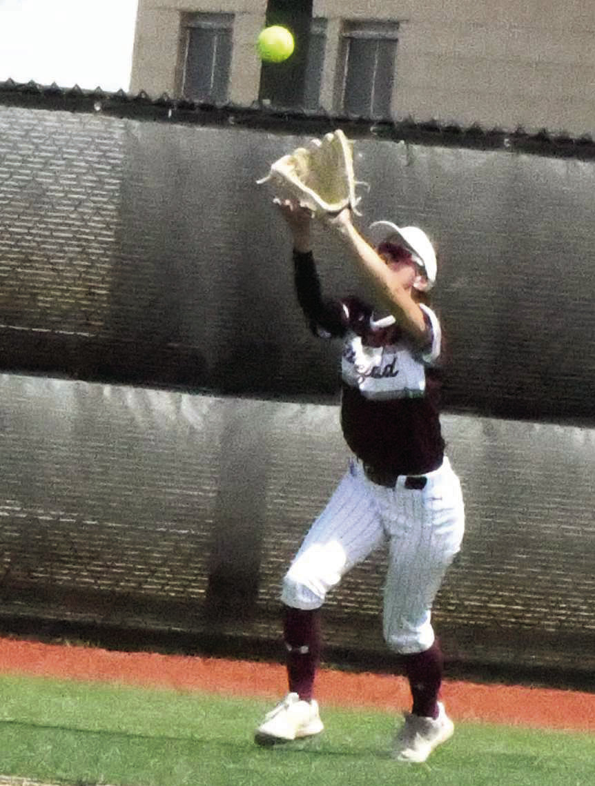 Littlefield’s Bryndle Ray caught a fly ball in center field, during the bottom of the second inning of game two of the Lady Cat’s Bi-district series last Saturday at Bushland. (Staff Photo by Derek Lopez)