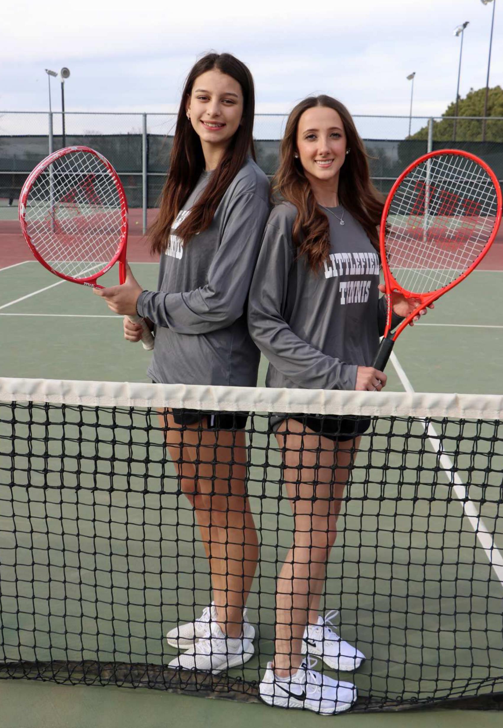 REGIONAL BOUND – The Littlefield varsity girls’ doubles team of Julie Bownds and Chloe Sawyer is heading to Regionals at Rose Park Tennis Center in Abilene on April 20-21, after placing second at the District Tennis Meet this past week. (Submitted Photo)