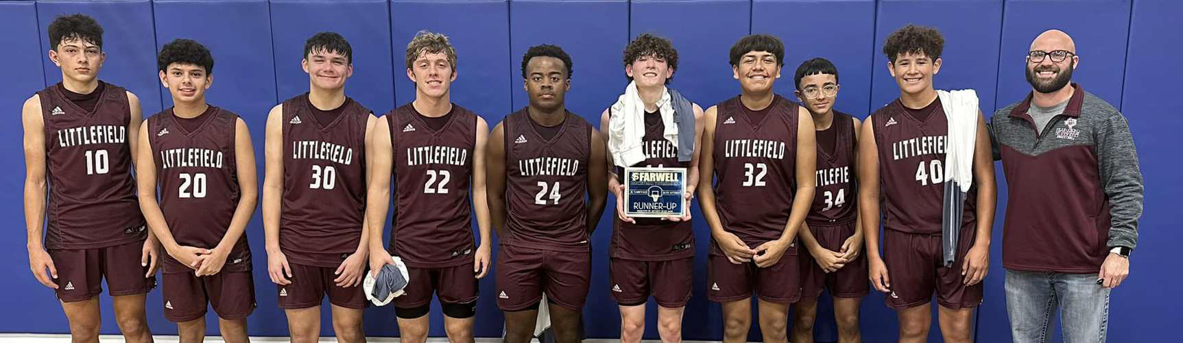 FARWELL INVITATIONAL RUNNER-UPS - The Littlefield Maroon JV Wildcats’basketball team, coached by Nik Clarkson, took second place at the 2023 Farwell Invitational this past weekend, taking down Hale Center and Portales, before falling to Idalou in the Championship game on Saturday. (L-R): Nate Castaneda, Damon Salazar, Jose Payan, Major McNeese, Eizeah Coleman, Andrew Davis, Jessie Ortiz, Aydin Ozbirn, Elijah Rodriguez and Head Coach Nik Clarkson. (Submitted Photo)