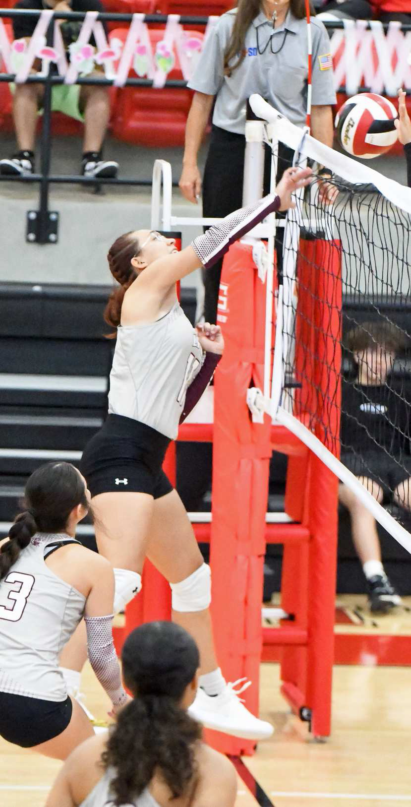 Littlefield senior, Myli Hernandez, goes up to deliver a kill, during the first set of the Lady Cats, 3-1, victory over the Lady Cubs in Brownfield on Saturday. (Staff Photo by Derek Lopez)