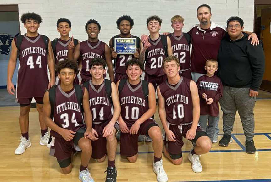 FARWELL TOURNAMENT CHAMPS - The JV Wildcat Basketball team deafeated Texico on day one of the tournament, before taking down Portales on Friday and Farwell on Saturday to claim the Championship. (Back L-R): Q Busby, Kam McCarty, Eizeah Coleman, Calvin Morgan, Josiah Garcia, Caiden Meiwes, Coach Nathan McKinnon and Manager. (Bottom L-R): Trae Timmins, Aaron Chapman, Ian Mendez, Major McNeese and Travis McKinnon. (Submitted Photo)