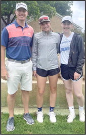 STATE GOLF TOURNAMENT - Olton senior, Kylee Noack, is shown with her Coach Bobby Workman and teammate, Olivia Cox, before a practice round at the State Golf Tournament at Lion’s Municipal Golf Course in Austin on May 15th and 16th. (Submitted Photo)