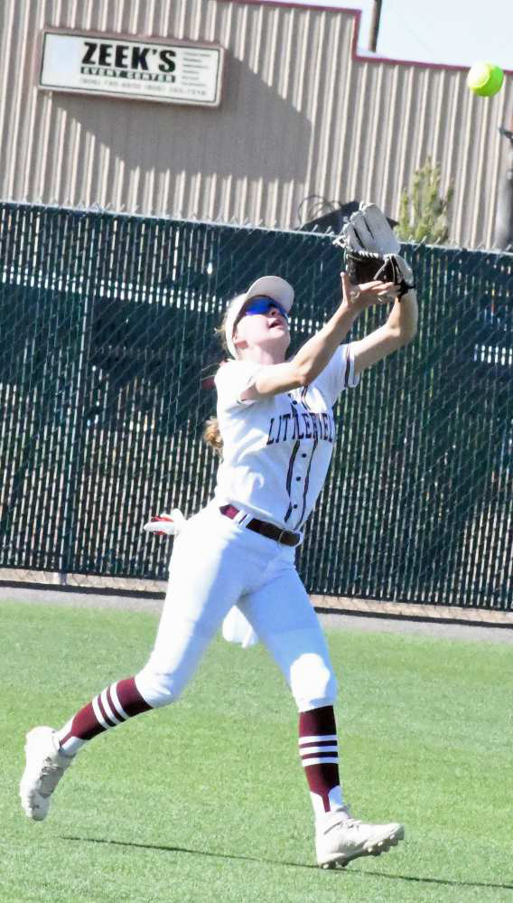 GETTING TO THE BALL - Littlefield senior center fielder, Mykenzie Price, runs up to catch a short fly ball in shallow center field, during the Lady Cats, 12-2, run-rule victory over the Denver City Fillies on Tuesday on senior night at Lady Cat Field. (Staff Photo by Derek Lopez)