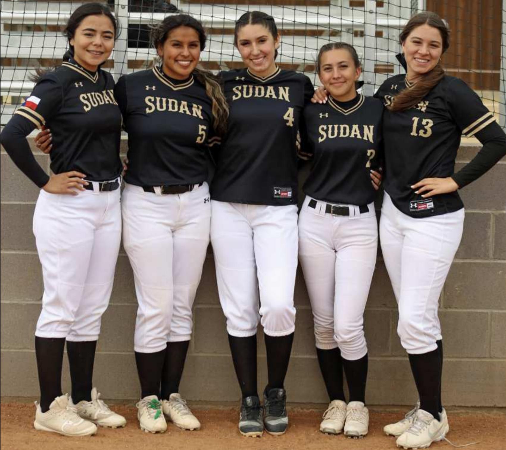 CELEBRATING SENIOR NIGHT WITH A WIN -- The Sudan Nettes' run ruled the Lockney Lady Horns on Tuesday, 14-4, in six innings to claim the senior night victory. Shown are the five seniors who were honored on senior night: (L-R) Hailey Flores, Lizseth Sital, Heidi Pinon-Muniz, Elora Thorn and Olivia Montes. (Submitted Photo)