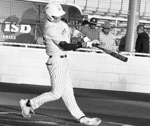 Littlefield’s Dawson Adkins ropes a two-RBI double in the left-center field gap, to put the Wildcats in front, 2-0, in the bottom of the fourth inning, as the Wildcats took down Dimmitt for a win on Senior Night. (Staff Photo by Derek Lopez)