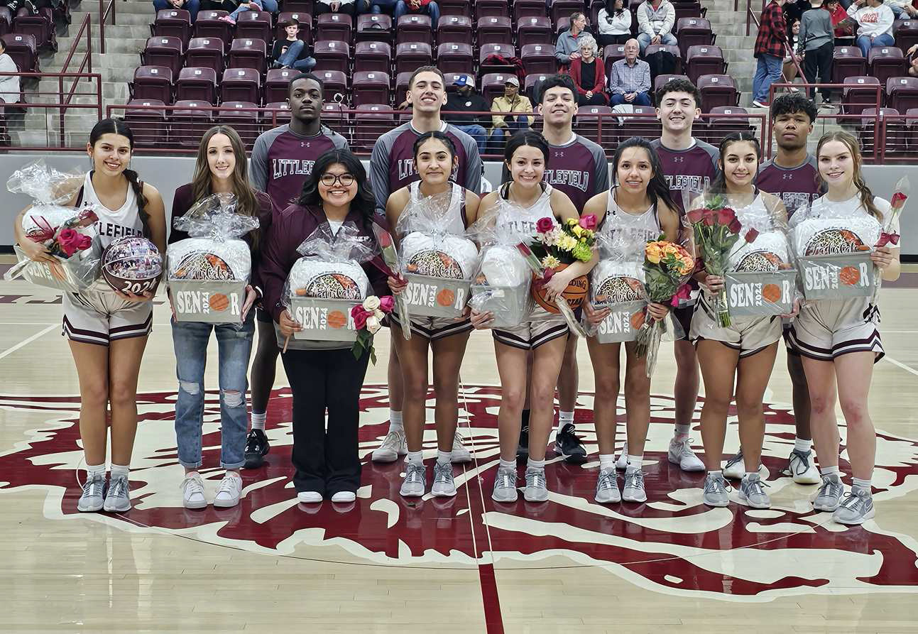 The 2023-2024 Littlefield Basketball seniors were honored on Friday between games at Wildcat Gym. (Back L-R): Ja’Den Williams, Sir Pratt, Jeremiah Trevino, Josiah Garcia and MJ Randle. (Front L-R): Danica Jouett, Chloe Sawyer, Mackenzie Flores, Amiah Elizondo, Jasmine Castillo, Jazmine Rosalez, Arianna Cruz and Kennadi Hanlin. (Not Pictured): Cheerleader, Lindsay Coffman. (Staff Photo by Derek Lopez)