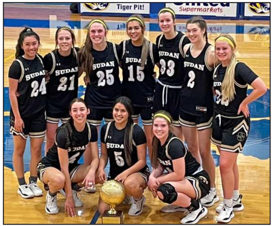 BI-DISTRICT CHAMPIONS – The Sudan Nettes bounced the Smyer Lady Cats, 77-26, at Frenship’s Tiger Pit on Monday to claim the 2A Bi-district trophy. (Back L-R): Elaine Martinez, Kambry Tolbert, Gracyn Shultz, Landree Gonzales, Riley Edens, Stevi Lockhart and Braelyn Pointer. (Front L-R): Addison Boehning, Liz Sital and Sydney Cornelius. (Submitted Photo)