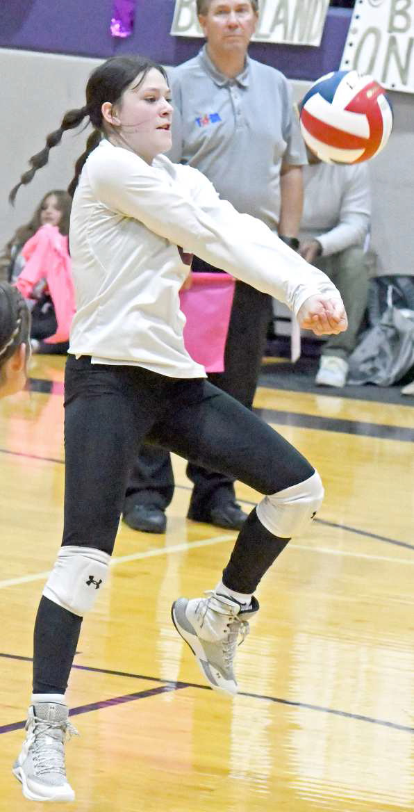 Littlefield Libero, Madi Brown, digs a ball out, during the first set of the Lady Cats’ Bi-district loss to Bushland on Monday in Dimmitt. (Staff Photo by Derek Lopez)