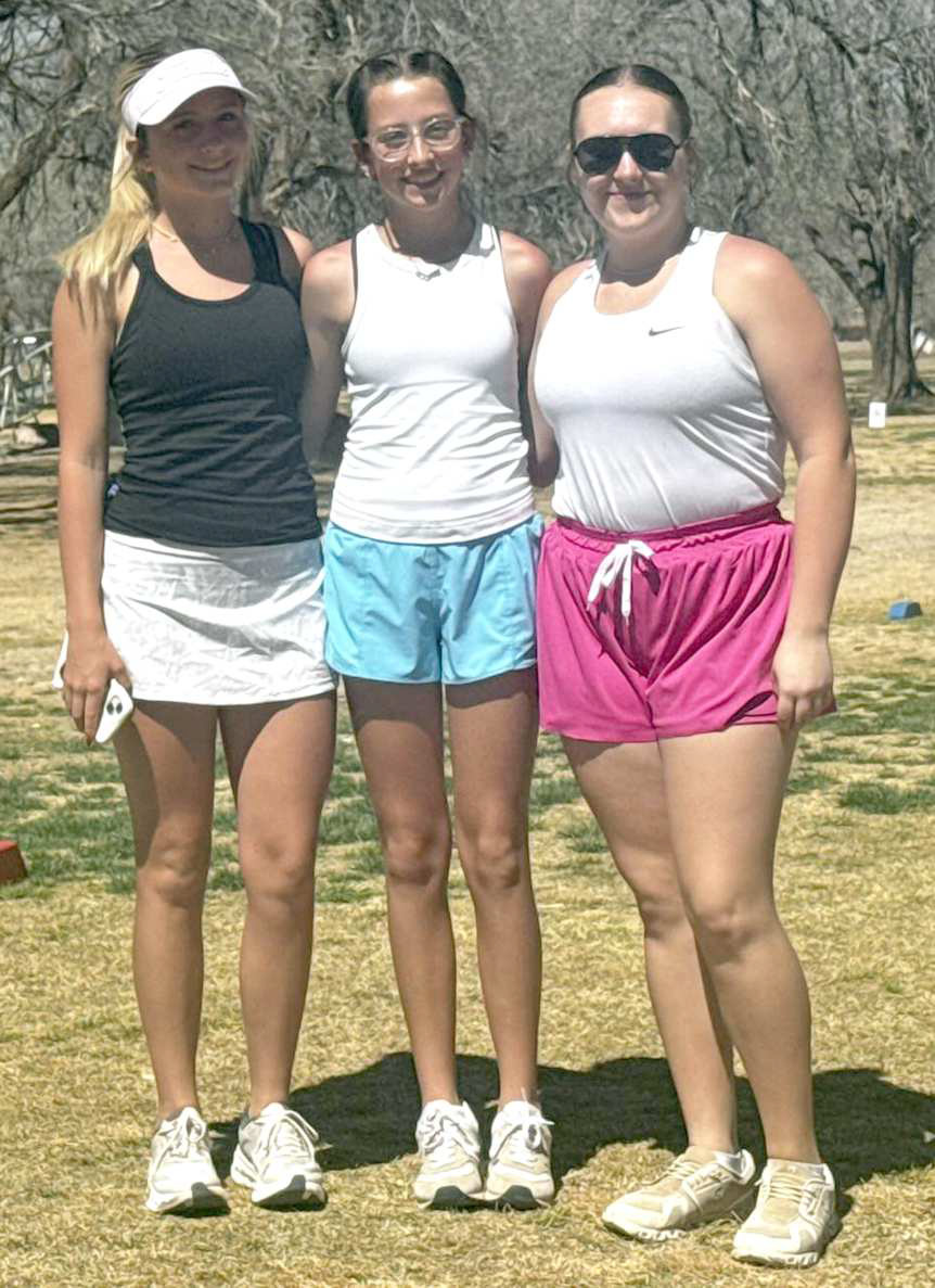 The Olton Fillies’ varsity golf team competed at Muleshoe on Tuesday, where Macie Reese and Austyn Gorman shot their personal bests. Harlow Gorman placed fourth individually, while Austyn Gorman finished fifth individually. (L-R): Harlow Gorman, Austyn Gorman and Macie Reese. (Submitted Photo)