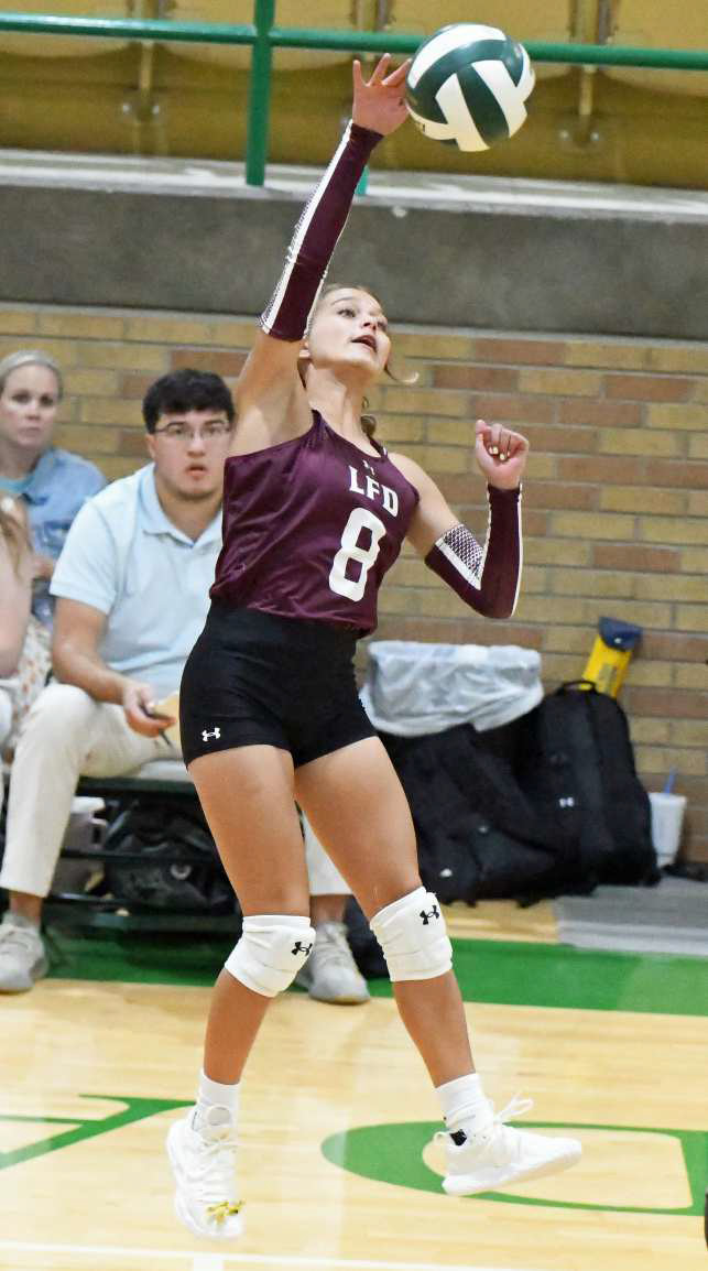 Littlefield’s Cobi Saldana goes up to deliver a kill, during the Lady Cat’s fourth set against Idalou on the road on Saturday in their districtopener. (Staff Photo by Derek Lopez)