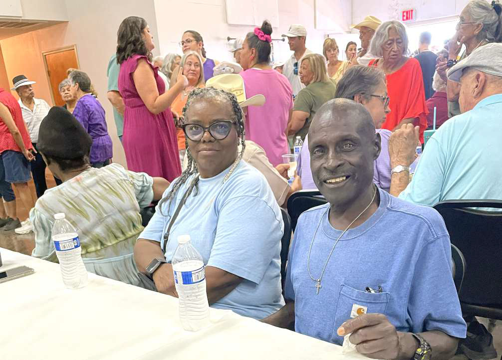 Temple Stewart and Larry Ashley attend the Anton Centennial BBQ celebration and revisit with friends on July 25, 2025. (Submitted Photo)