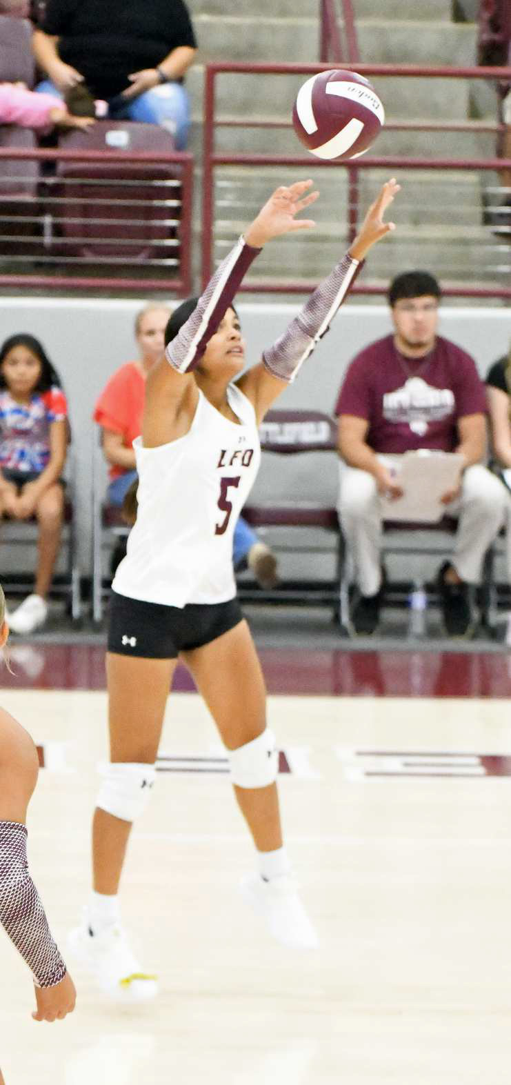 Littlefield’s Monica Elizondo hits a ball towards the front row, as the Lady Cats look to go on the attack, during their first set against Lubbock Christian on Tuesday at Wildcat Gym. (Staff Photo by Derek Lopez)