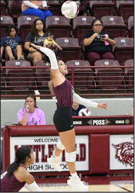 Littlefield’s Mattie Seymore, goes up to deliver a hit, during the first set of the Lady Cats’ 0-3 loss to Denver City on Tuesday at Wildcat Gym. (Staff Photo by Derek Lopez)