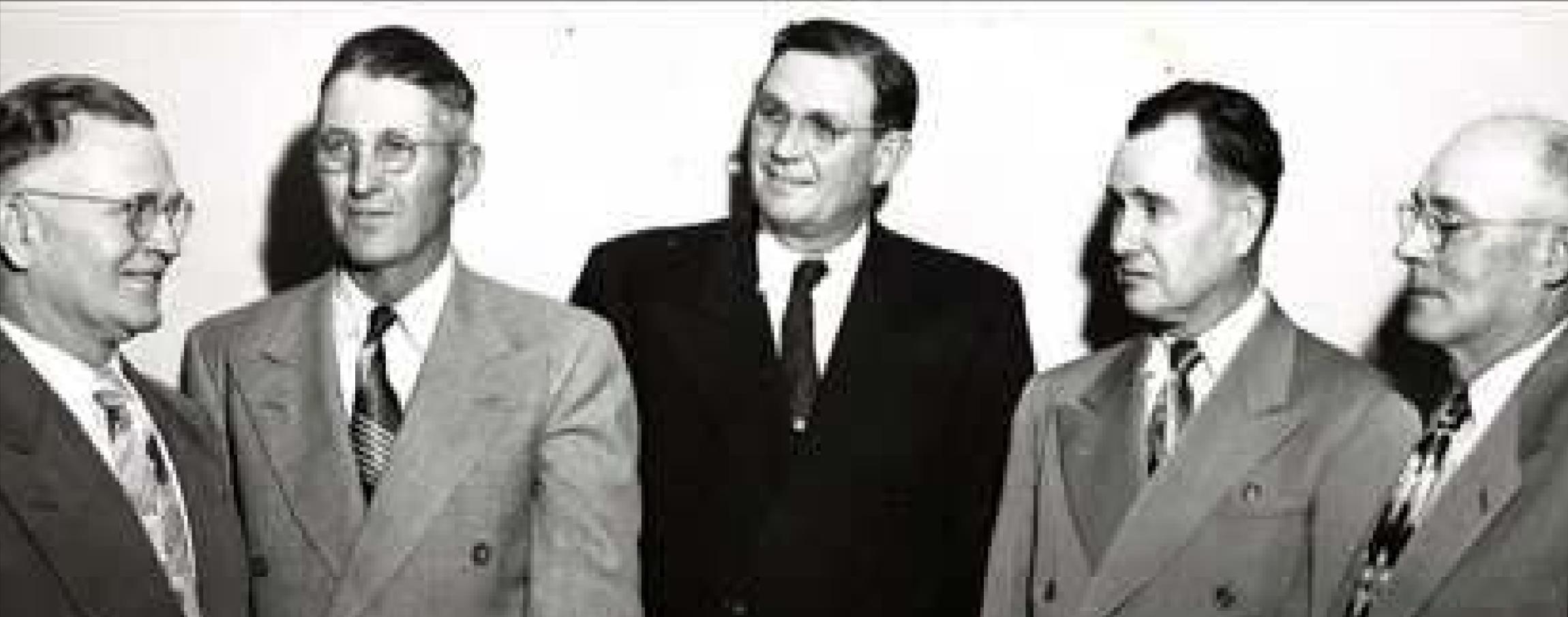 THE 1953 HPWD BOARD OF DIRECTORS are shown in this file photo. They are (L-R) Precinct Four Director Virgil Dodson of Hereford; Precinct Three Director Willis Hawkins of Hart; Precinct One Director W. O. Fortenberry of Lubbock; Precinct Two Director George Broome of Springlake; and Precinct Five Director C.J. Taylor of Lockney. Mr. Fortenberry was Board President, Mr. Hawkins was Vice-President, and Mr. Broome was Secretary. (Submitted Photo)