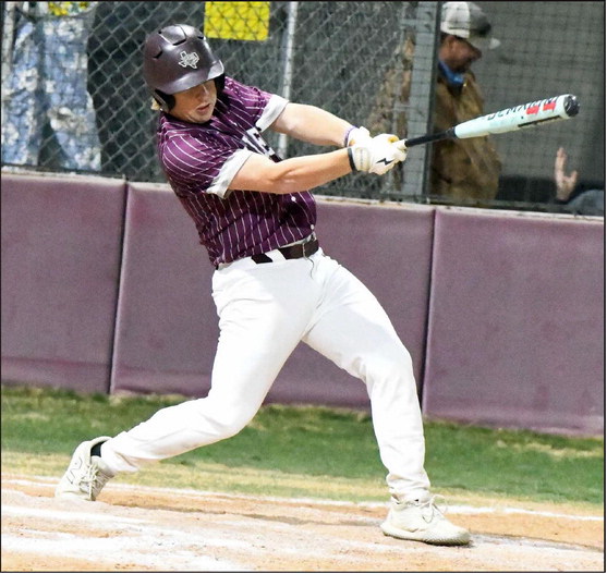 Littlefield senior, Jakob Kirkland, rips a double down the third-base line to lead-off the top of the fourth inning for the Wildcats, during their, 14-0, shutout of the Eagles on the road in Roosevelt on Monday night. (Staff Photo by Derek Lopez)