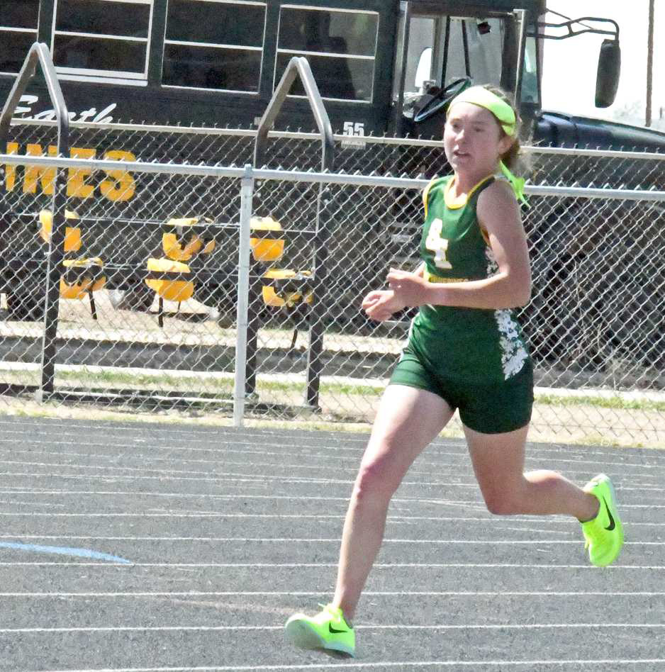 RACING TO GOLD - Springlake-Earth junior, Taytum Goodman, raced her way to three gold medals at the 1AArea Track Meet in Vega last Thursday. She won the 800-meter run, 1,600-meter run and the 3,200-meter run. The 1A Regional Track Meet was held on Friday and Saturday at South Plains College. Results were not available at press time. (Staff Photo by Derek Lopez)