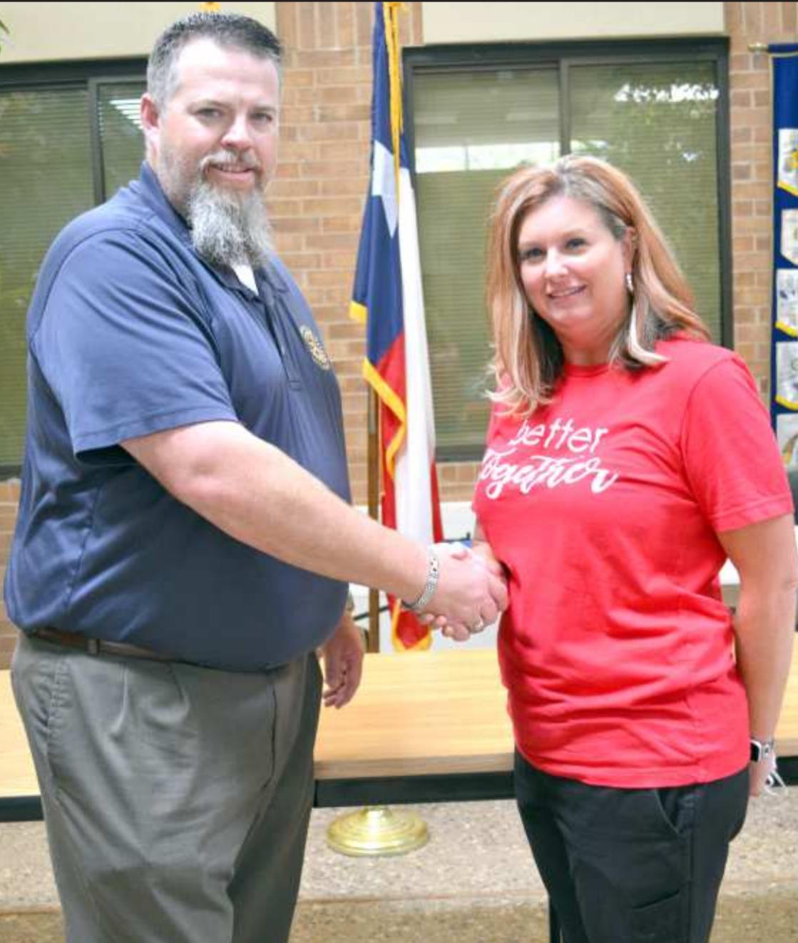 NEW ROTARY MEMBER WELCOMED – Bree Clark, RN Director with Interim Home Health, was welcomed into the membership of the Littlefield Rotary Club, by President Jason Hunter, following the noon meeting Thursday, Sept. 9, 2021. (Staff Photo by Joella Lovvorn)