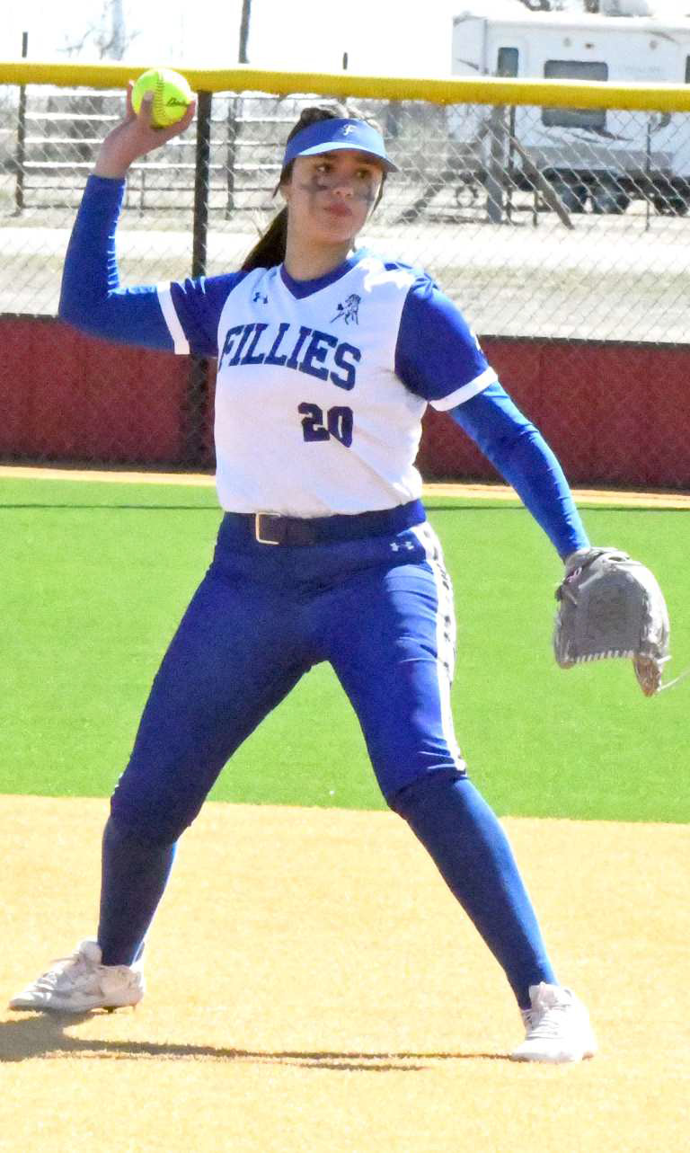 Olton shortstop, Denise Alverado, fields a ball and throws it to first looking for an out, during the Fillies second game of the Lockney Tournament on Thursday against Memphis. (Staff Photo by Derek Lopez)