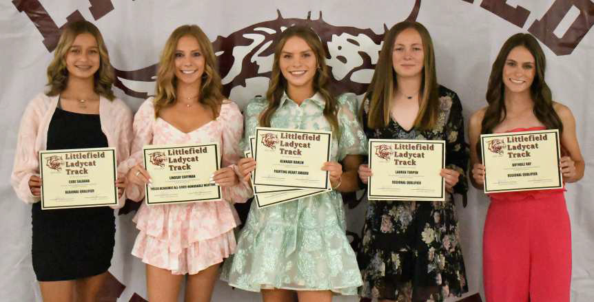 2023-2024 VARSITY GIRLS TRACK AWARDS - Cobi Saldana, Regional Qualifier; Lindsay Coffman, THSCAAcademic All-State Honorable Mention, Regional Qualifier, Girl’s Track Award; Kennadi Hanlin, THSCAAcademic All-State 2nd Team, Regional Qualifier, Fighting Heart Award; Lauren Turpen, THSCA Academic All-State 2nd Team, Regional Qualifier; Bryndle Ray, Regional Qualifier. (Staff Photo by Derek Lopez)