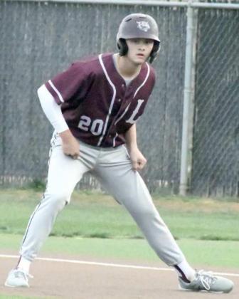 GETTING A LEAD – Littlefield senior, Blake Green, leads off from first base during the top of the first inning of the Wildcats, 4-0, loss at Lamesa on Tuesday. (Staff Photo by Derek Lopez)