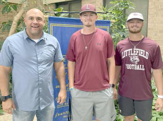 Former Littlefield Head Baseball Coach, Mitch McNeese and current Assistant Coach Blake Green were in attendance, as Head Baseball Coach Jett Hartley spoke at Rotary last week. (Submitted Photo)
