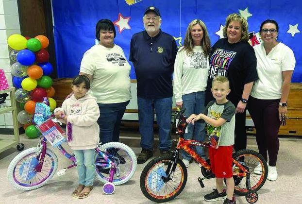 The Rotary Clud of Littlefield joined the Littlefield Primary students on Thursday morning to give away two perfect attendance bikes. The winners were, Katerah Cavazos and Jasper Padgett. (Submitted Photo)