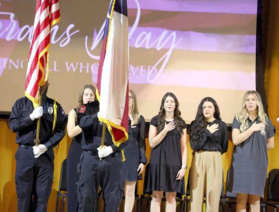 Members of the Sudan High School Student Council led the assembly in the Pledge of Allegiance during the Sudan Veterans Day memorial service held at the Sudan School Auditorium on Thursday, November 9, 2023.
