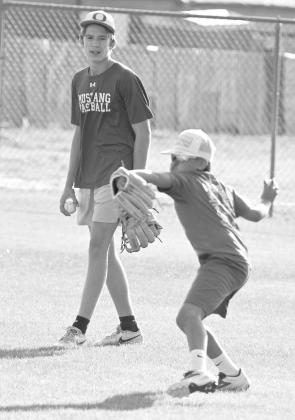New Olton Head Baseball Coach Kris Cavazos goes over a drill to start camp on Wednesday morning, during the first day of the Olton Youth baseball camp at the Olton Youth Baseball Field. (Staff Photo by Derek Lopez)