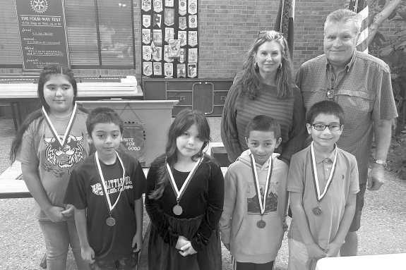 Fourth Grade Rotary Writers, first six weeks: Mrs. Jimenez - Natalya Morales; Mrs. Jenkins - Jaime Sanchez; Mrs. Newton - Aabriella Gonzales; Mrs. Torres - Julian Ureste; Ms. Ingle - Kato Camargo. Also pictured is John Roley, Rotary Club of Littlefield Director and Bree Clark, Club President. (Submitted Photo)