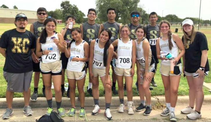 STARTING THE SEASON RIGHT – The Sudan varsity cross country teams competed at the LCU Chaparral Invitational this past weekend with the Nettes taking first place and the Hornets placing third. (Back L-R): Alan Flores, Antonio Vargas, Enrique Gonzalez, Josue Cervera, Salvador Juarez and Joseph Willeford. (Front L-R): Head Coach Daniel Gutierrez, Yahaira Martinez, Olvia Montes, Lizseth Sital, Elora Thorn, Heidi Pinion-Muniz, Hailey Flores and Coach Kylee Shultz. (Submitted Photo)